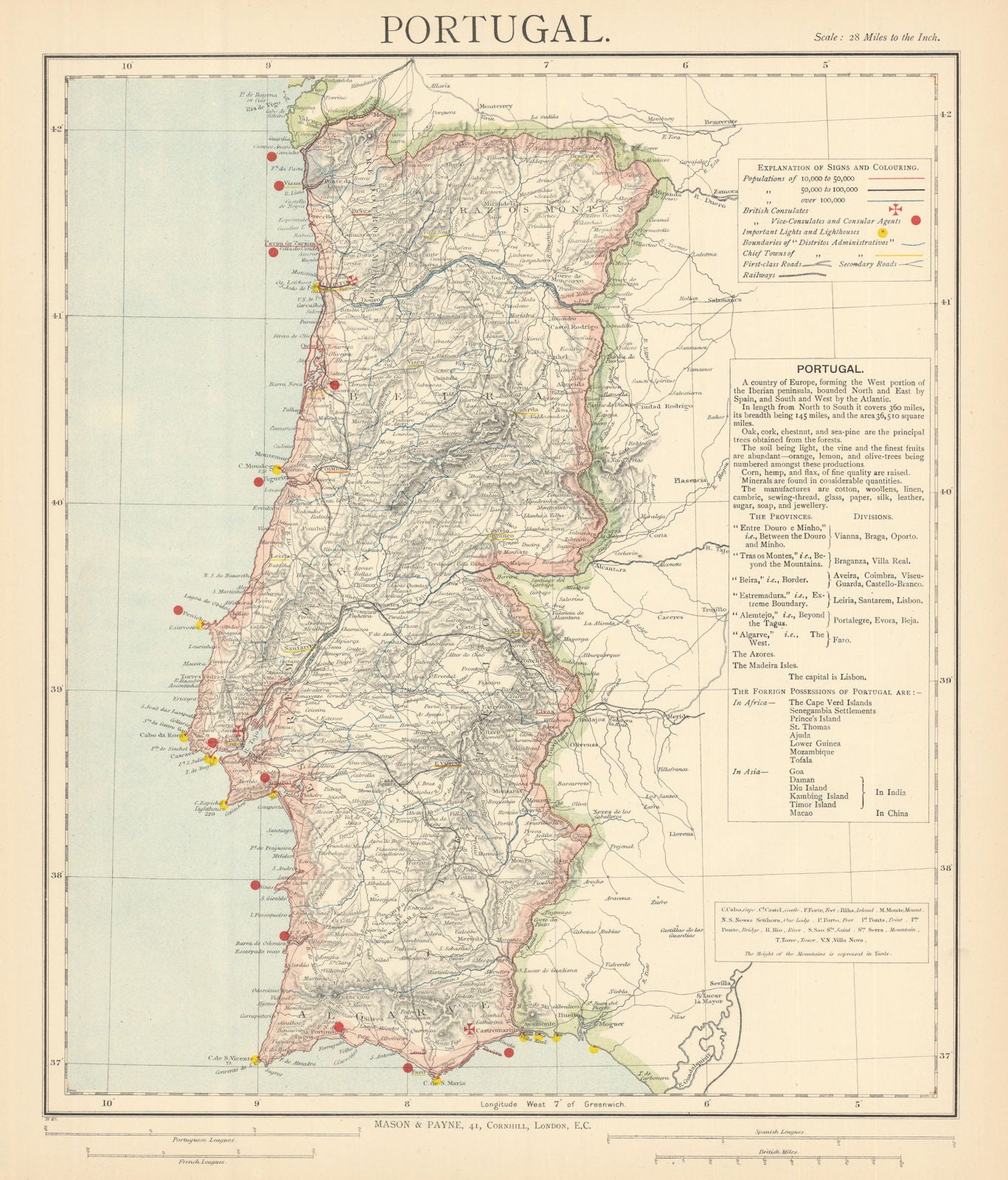 PORTUGAL. Railways Telegraphs Lighthouses British Consuls. LETTS 1892 old map